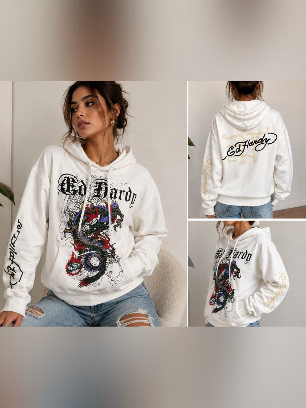 Ed Hardy White Dragon Graphic Hoodie Sweater